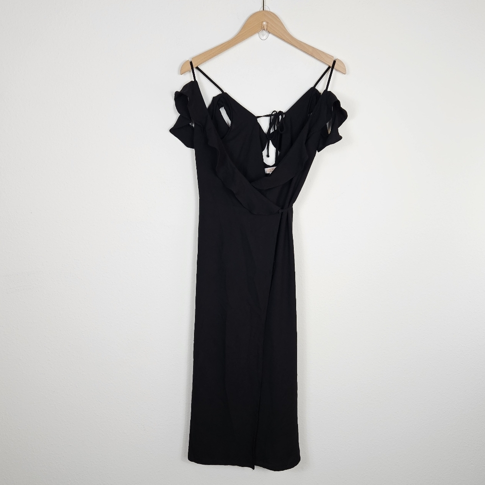 Mooloola Black Off The Shoulder/Cold Shoulder Midi Wrap Dress In Black Size 6